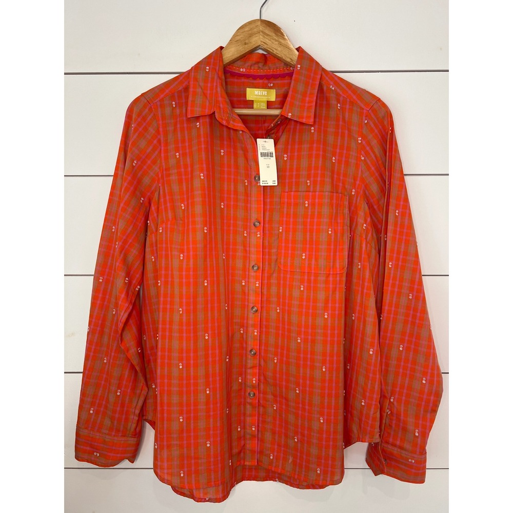 NWT Maeve Anthropologie Orange Pink Plaid Embroidered Cotton Button Down L 12